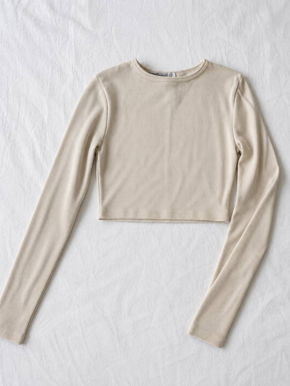 Zara Light Beige Ribbed Cropped Long-Sleeve Top